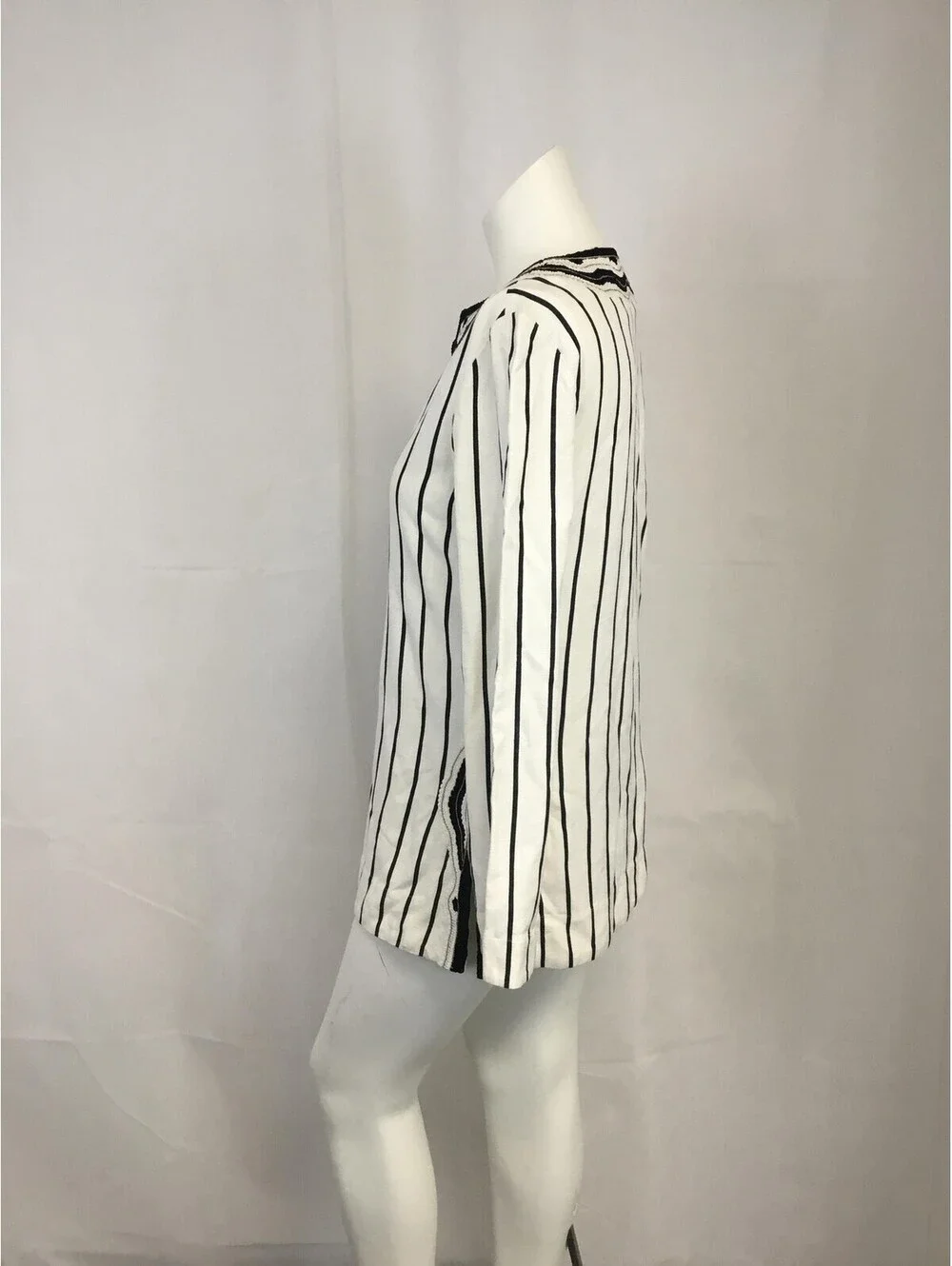 [430] Tory Burch Blouse Womens 4 White Striped Embroidered Tunic Long Sleeve Top